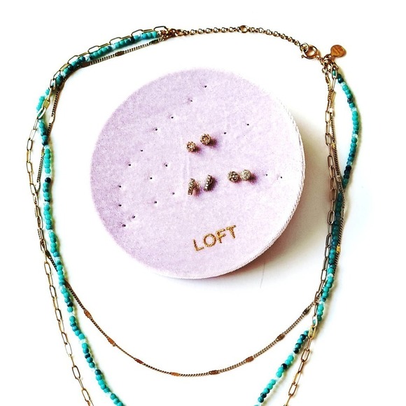 Beautiful Loft Layered Necklace Teal Gold + 3 Earring Pairs (NEW) - Picture 3 of 5